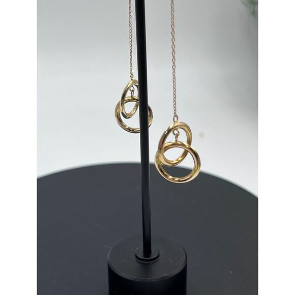 JCM 14K Yellow Gold Double Hoop Circles Dangle Threader Pierced Earrings - Picture 4 of 7